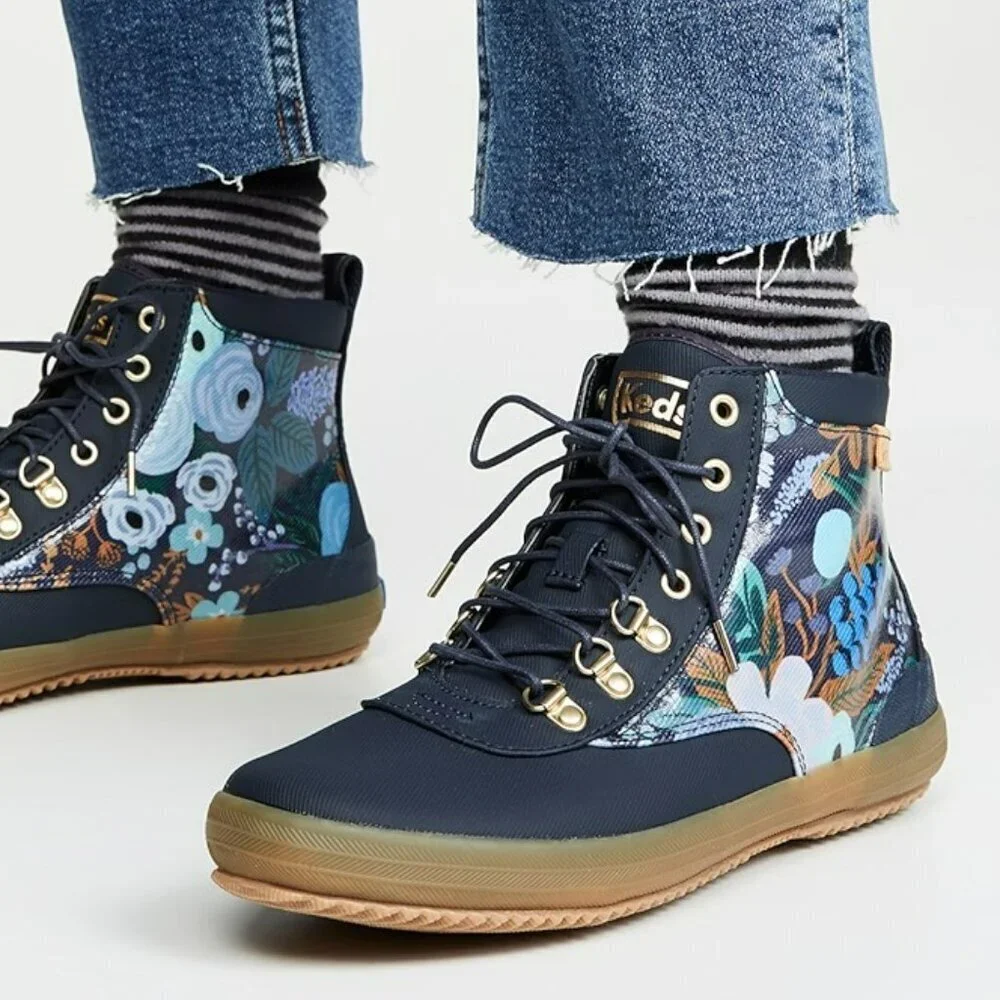 Keds x Rifle Paper Co. Scout Garden Party Boots Blue Canvas 7 - Picture 1 of 9